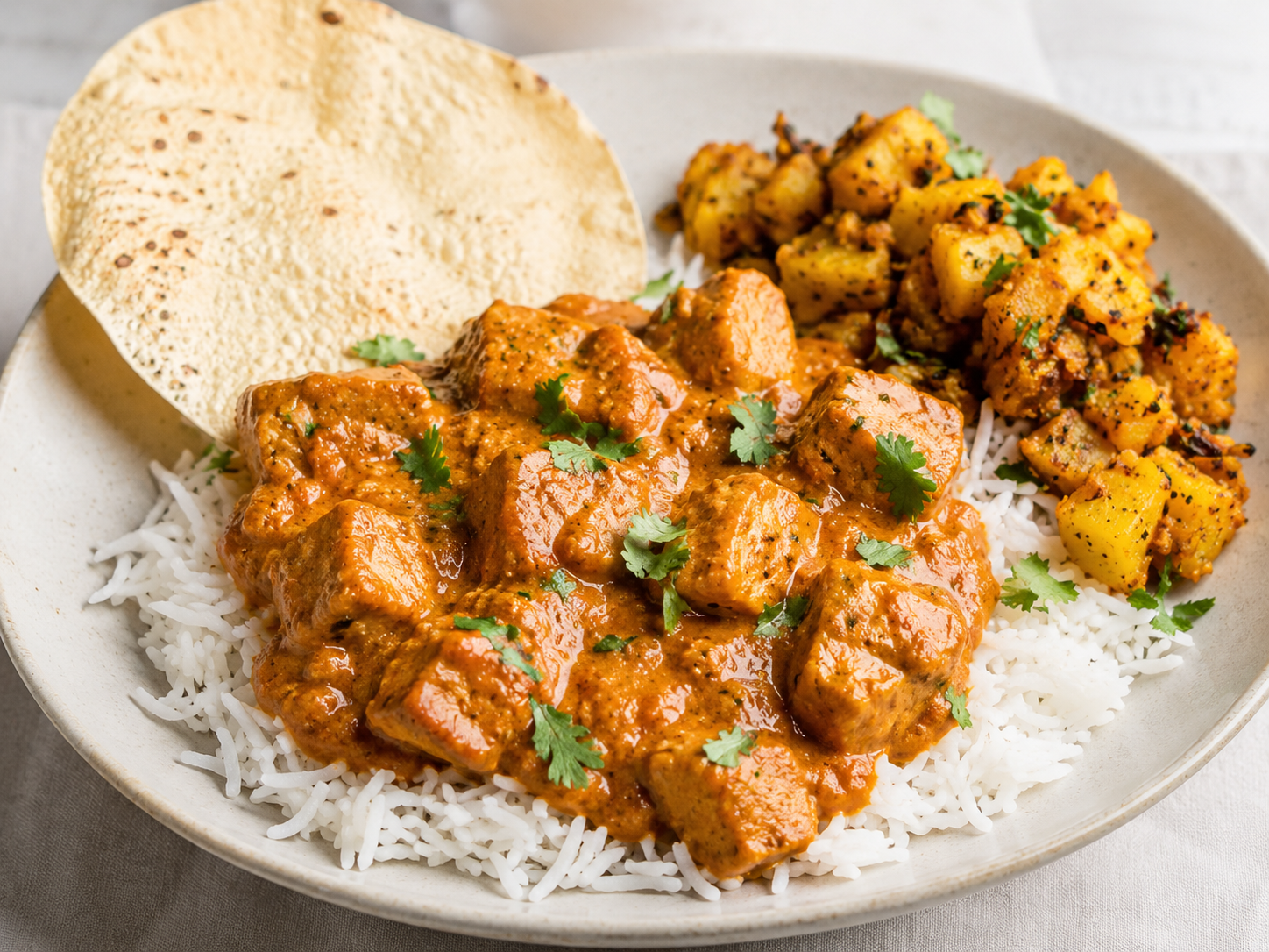 Indisches Curry mit Reis und Papadum