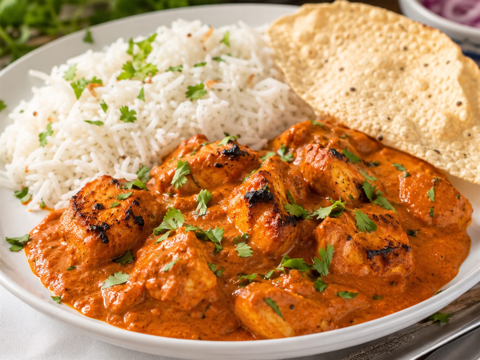 Chicken Tikka Masala mit Reis und Papadam