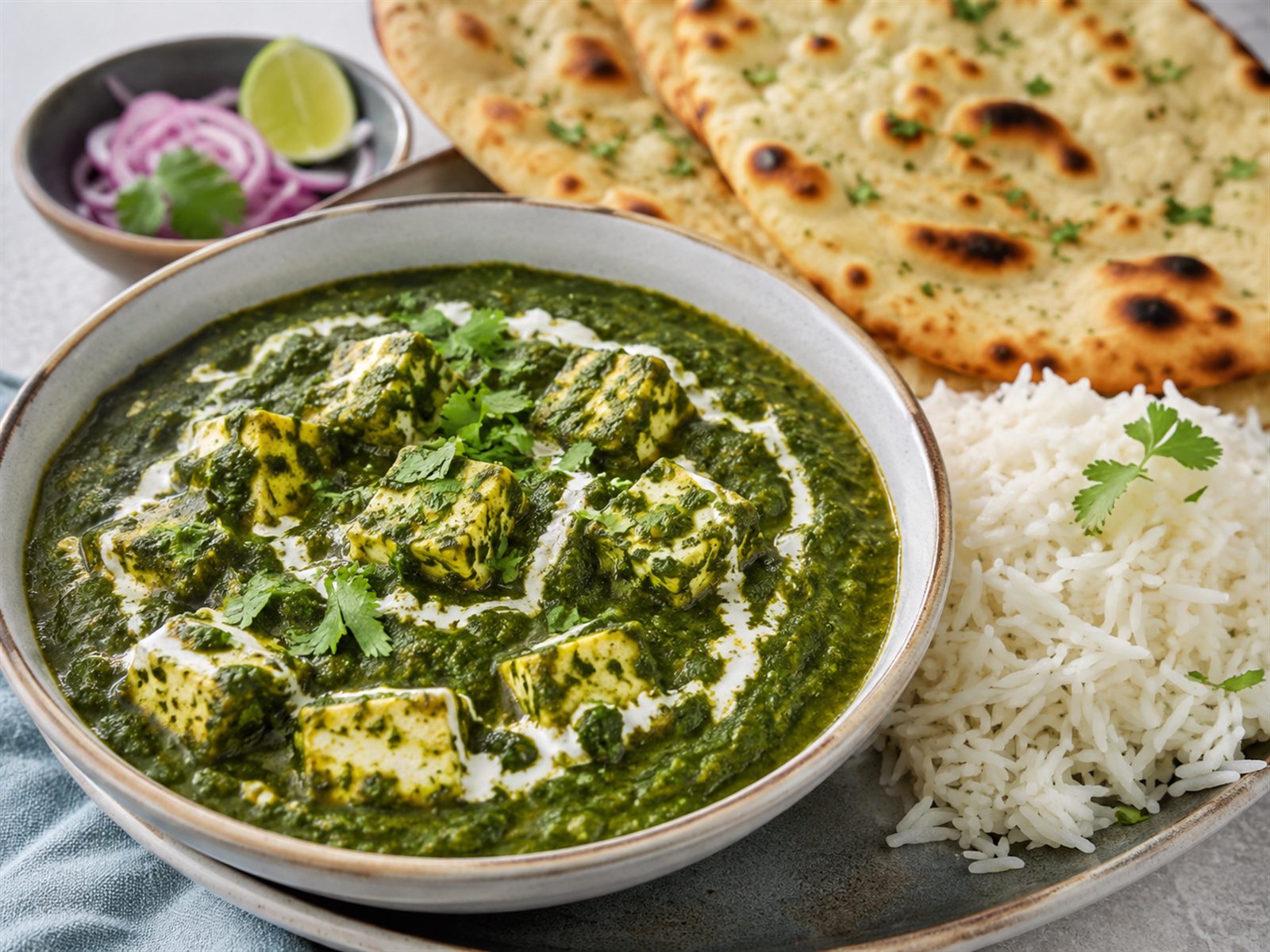 Palak Paneer mit Reis und Naan